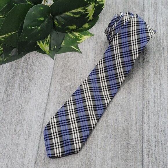 Ben Sherman Black, Blue & White Plaid 100% Silk Slim Necktie - Picture 1 of 5